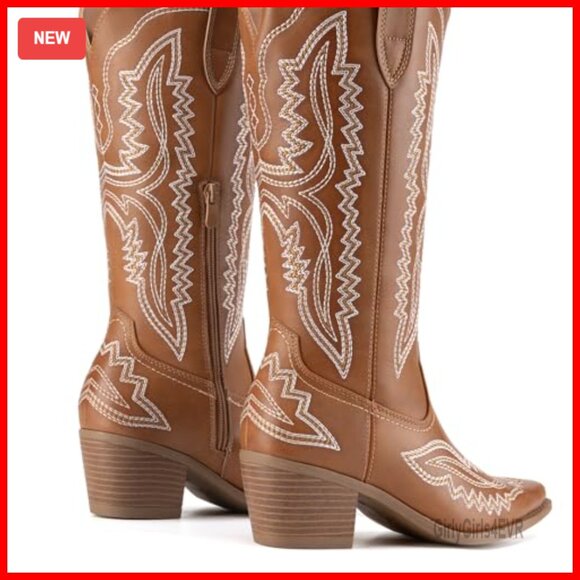 Women's Square Toe Embroidery Western Mid Calf Cowboy Boots - Picture 6 of 7